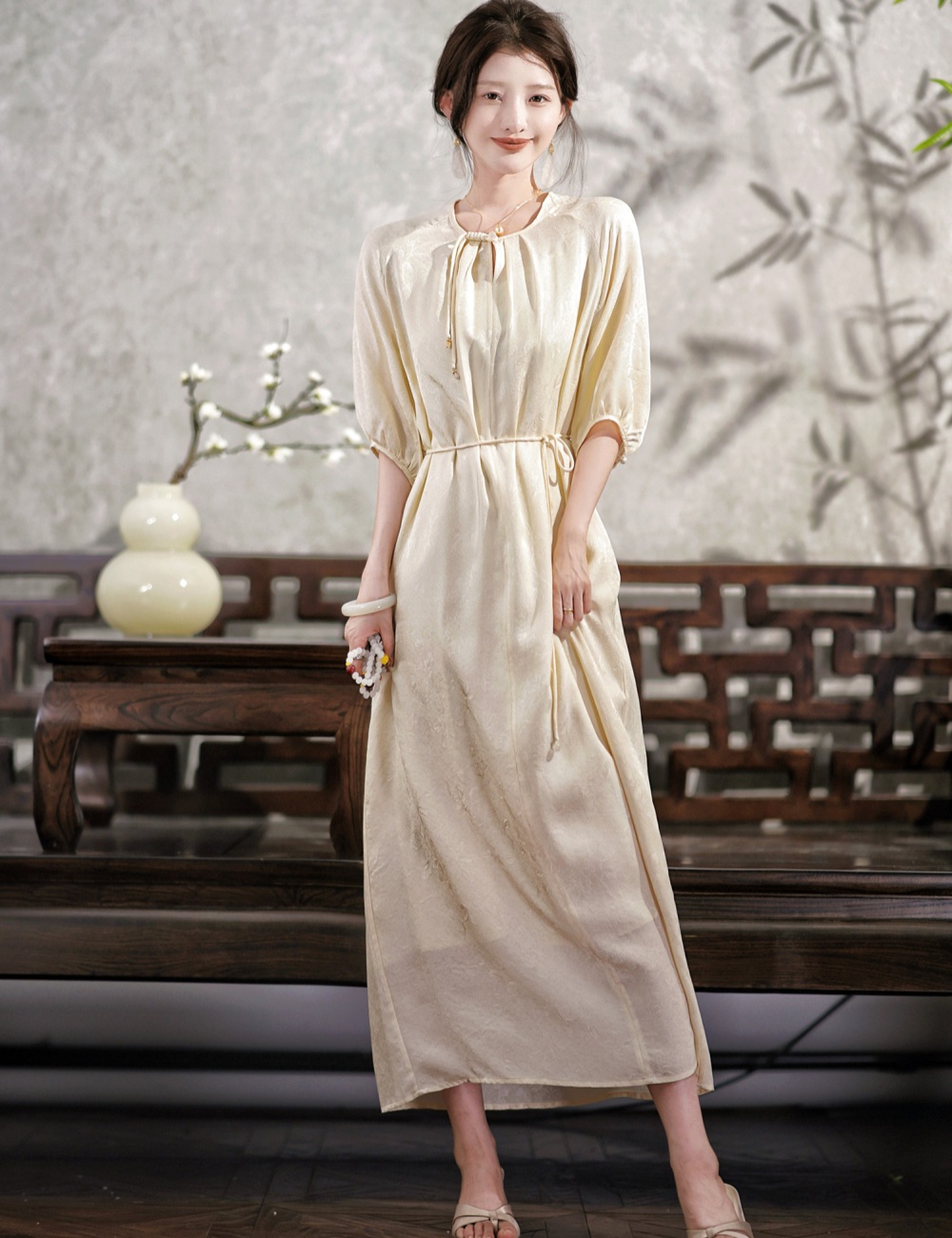 Summer lantern sleeve frenum real silk dress