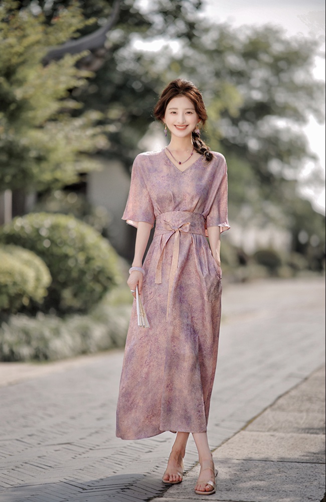 Summer short sleeve silk printing dress
