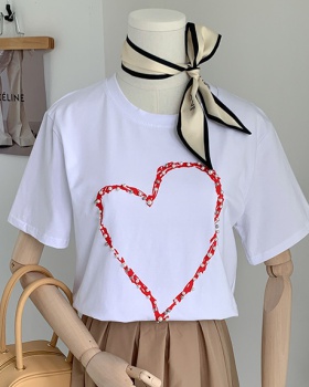 Pure cotton loose beading T-shirt heart summer tops for women