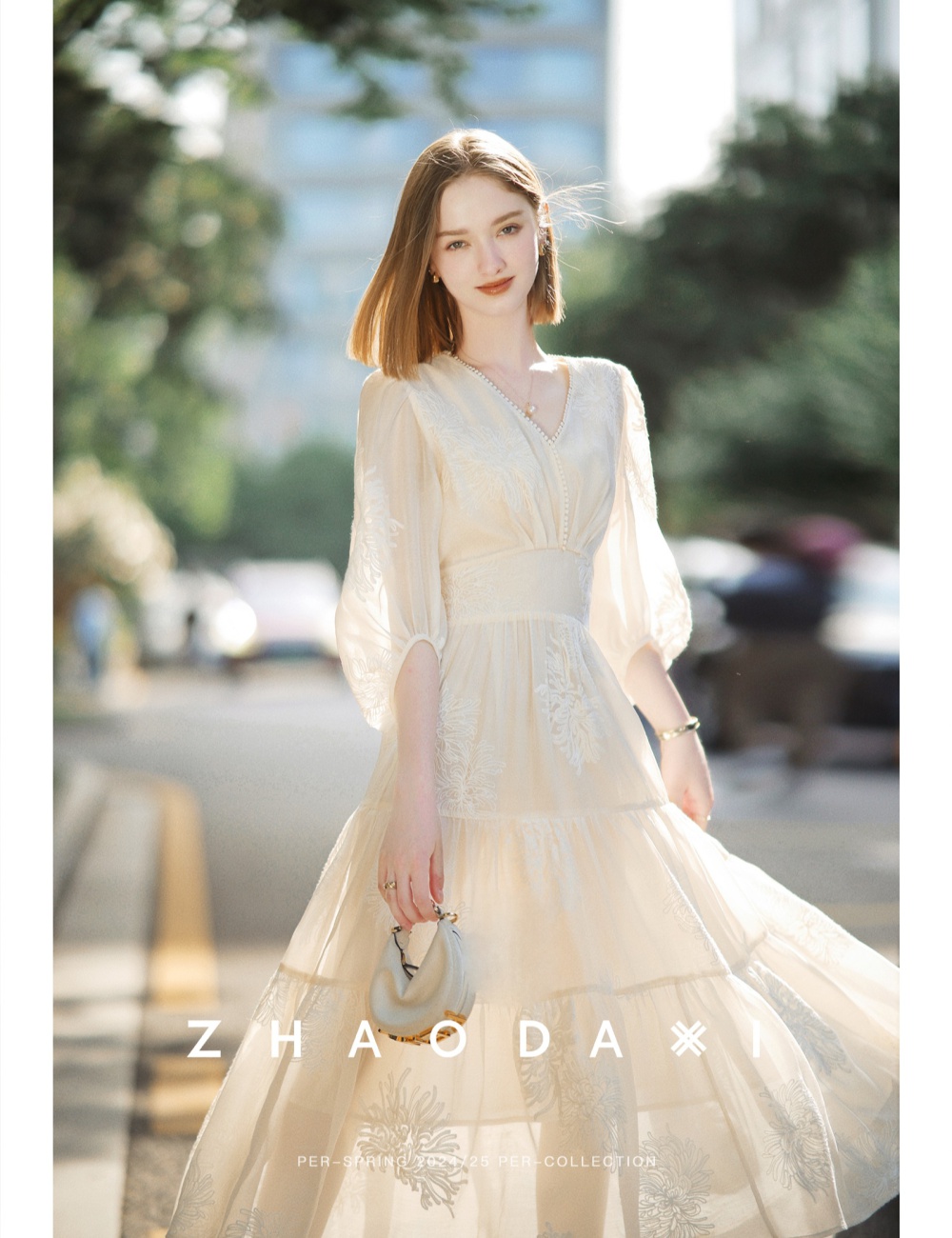 Embroidery lantern sleeve V-neck embroidered dress