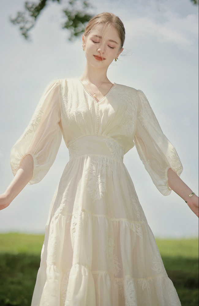 Embroidery lantern sleeve V-neck embroidered dress