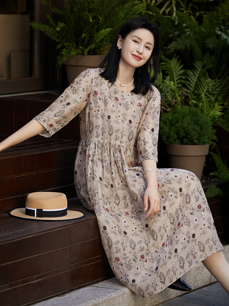 Floral digital flax silk printing loose dress