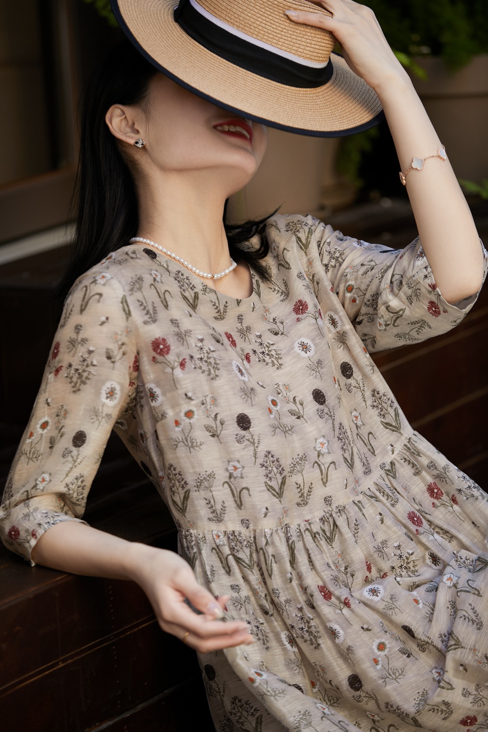 Floral digital flax silk printing loose dress