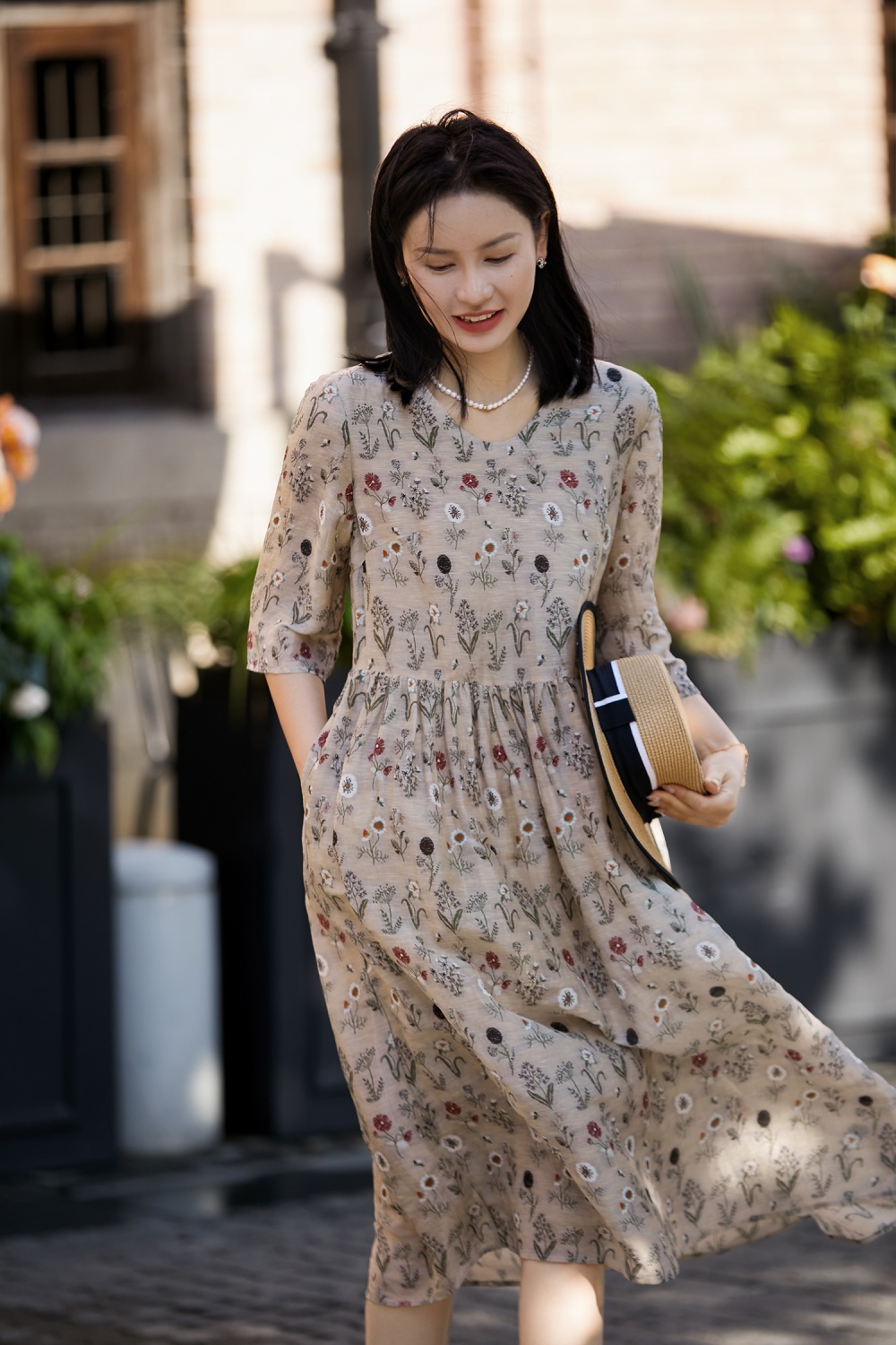 Floral digital flax silk printing loose dress