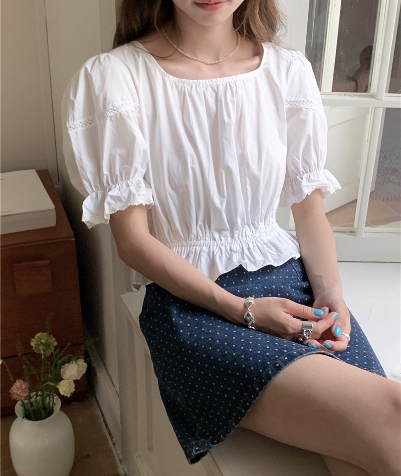 Short splice retro pullover puff sleeve Korean style shirt