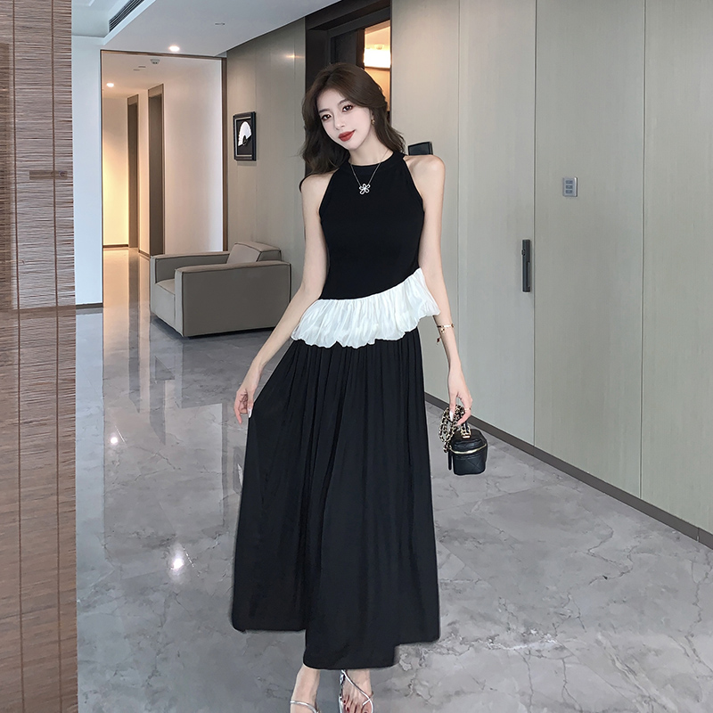 Lazy black long skirt drape high waist skirt 2pcs set