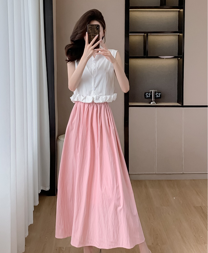 White summer shirt sleeveless pink skirt 2pcs set