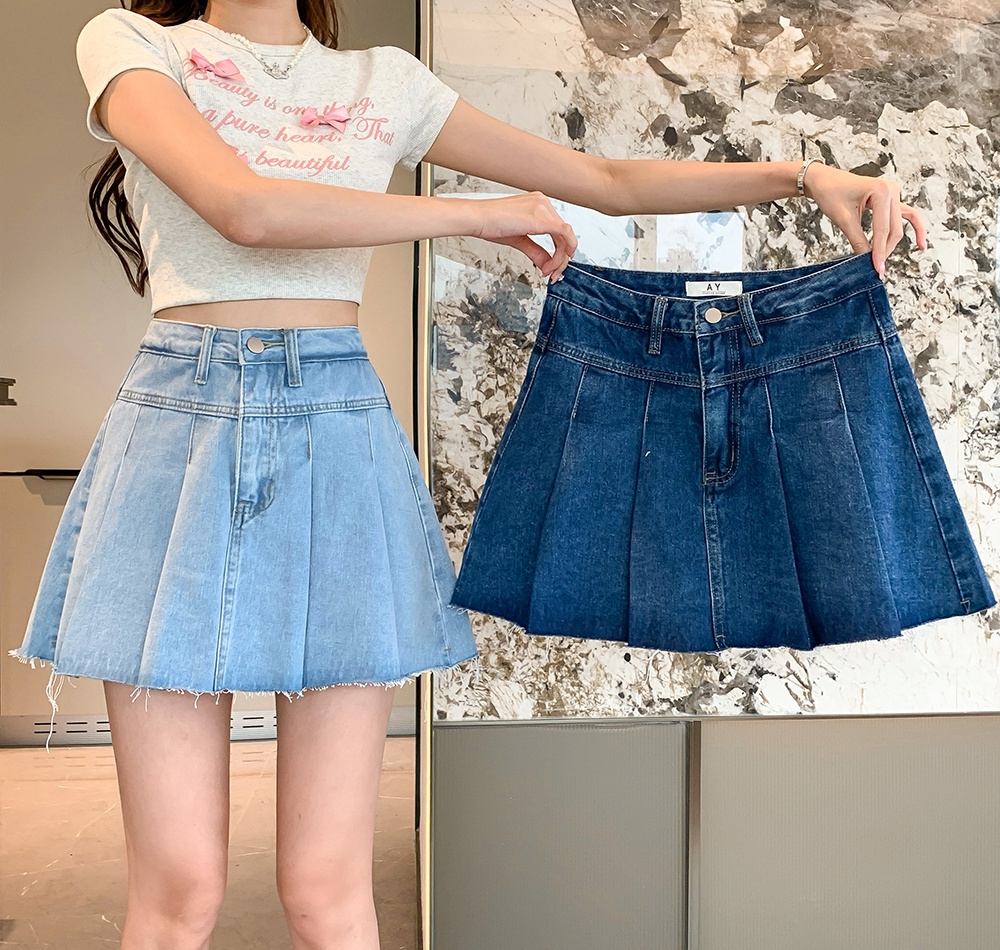High waist sweet culottes denim pleated short skirt
