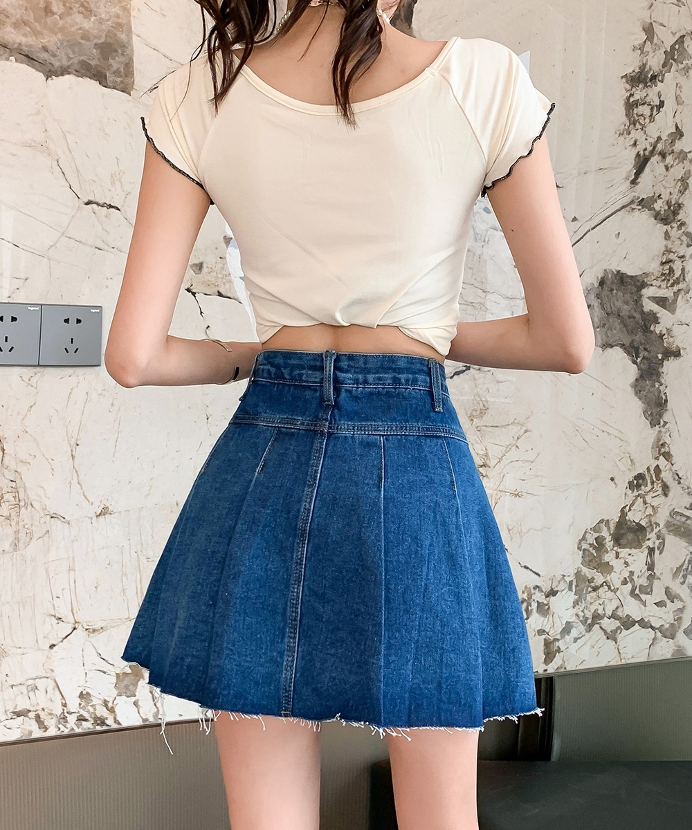 High waist sweet culottes denim pleated short skirt