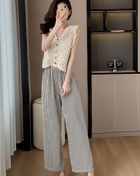 Vertical stripes vest wide leg pants 2pcs set for women