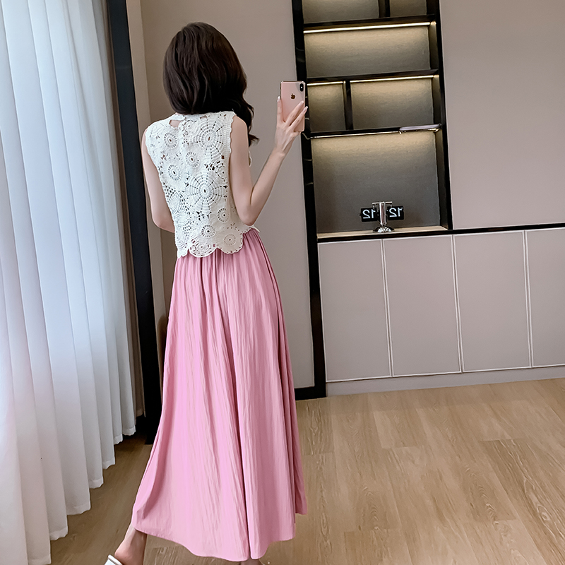 Pink slim retro niche tops short crochet France style skirt