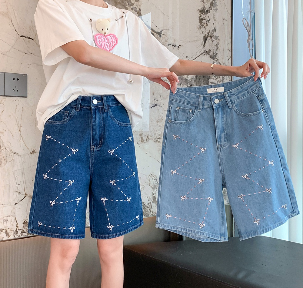 Casual embroidery summer high waist bow loose shorts