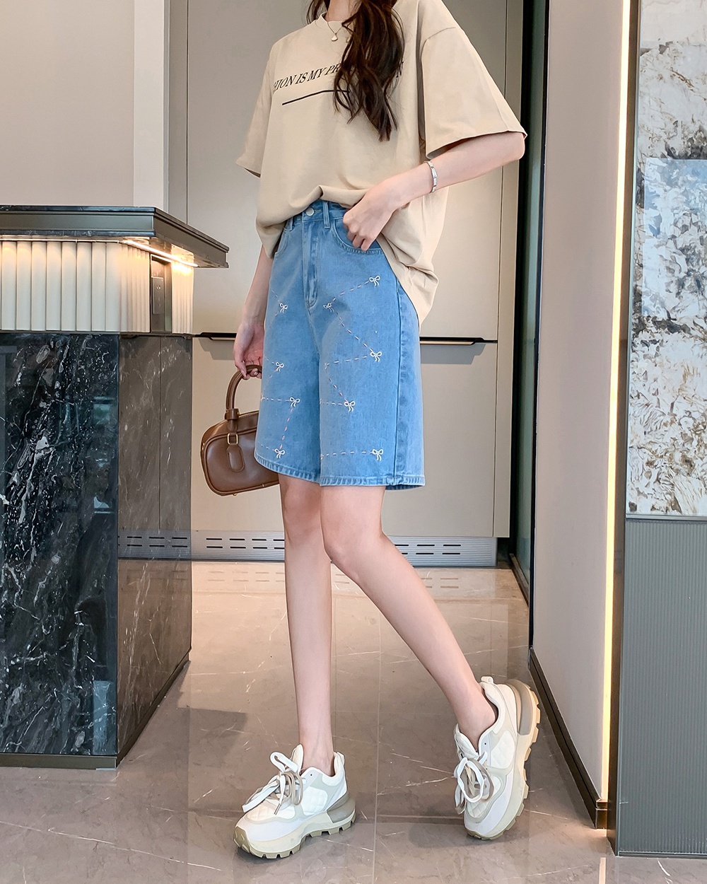 Casual embroidery summer high waist bow loose shorts