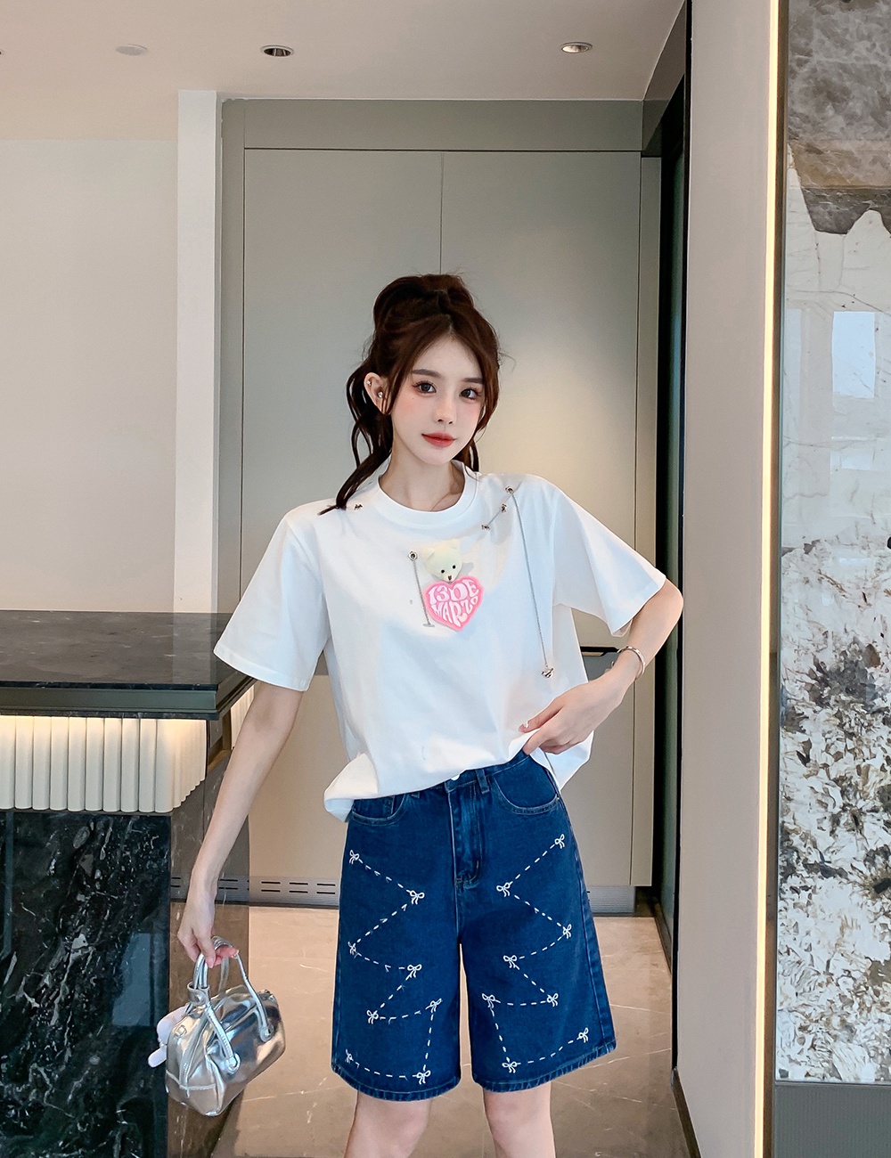 Casual embroidery summer high waist bow loose shorts