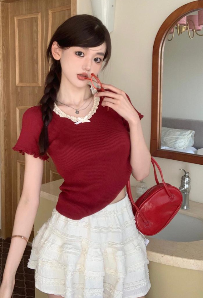 Wood ear France style white skirt chanelstyle lace T-shirt