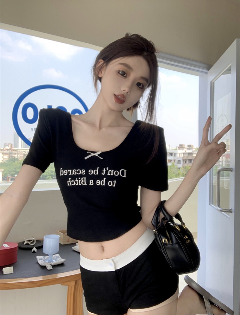 Spicegirl black short T-shirt summer slim tops for women