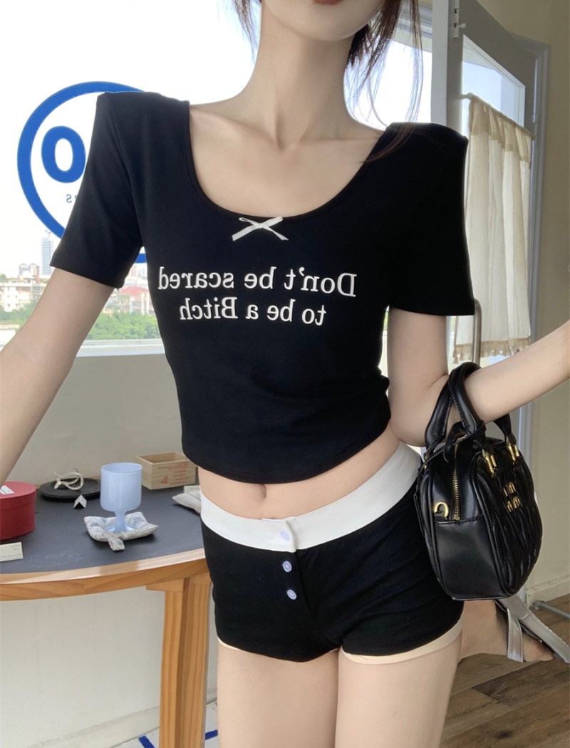 Spicegirl black short T-shirt summer slim tops for women