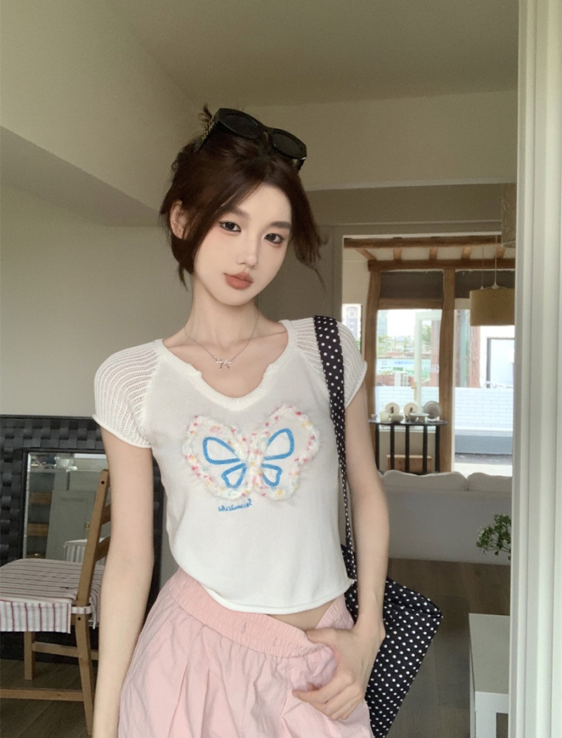 Knitted small fellow sweet slim short T-shirt