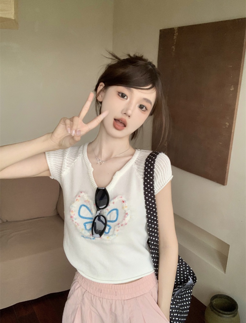 Knitted small fellow sweet slim short T-shirt