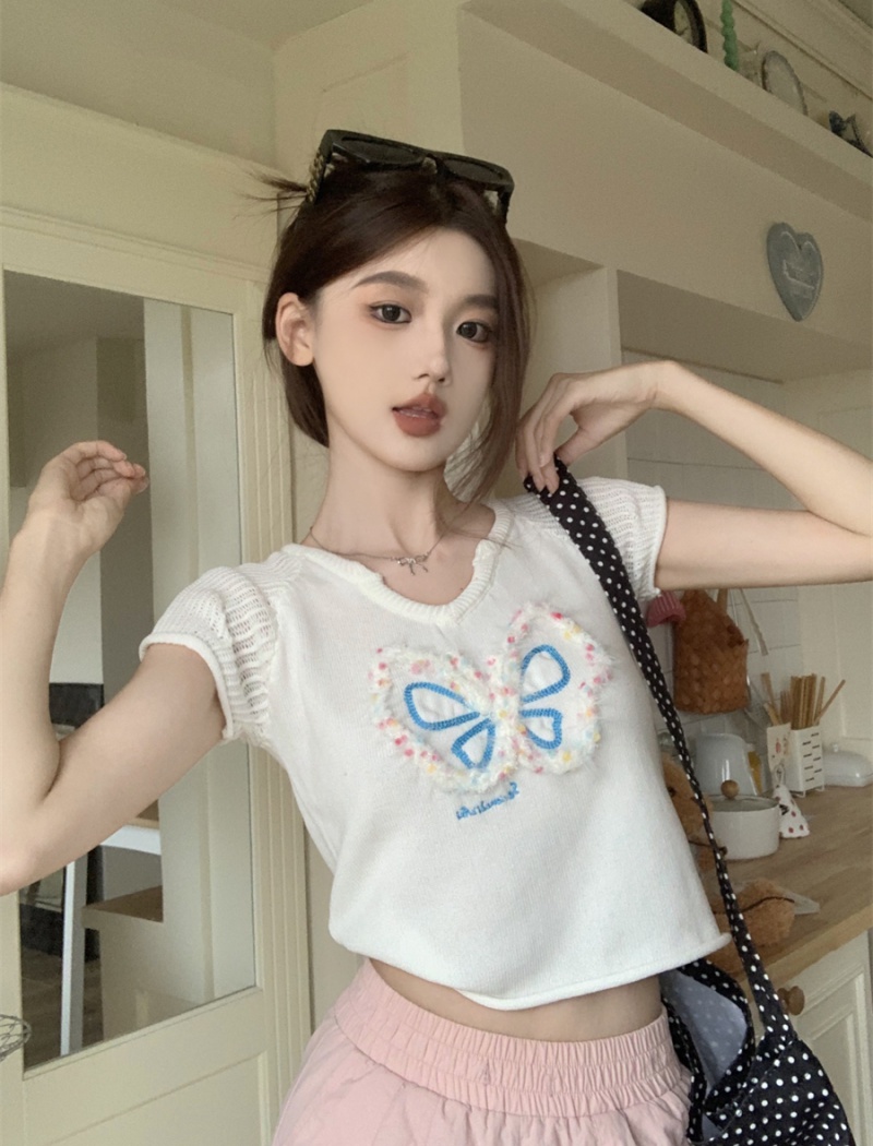 Knitted small fellow sweet slim short T-shirt