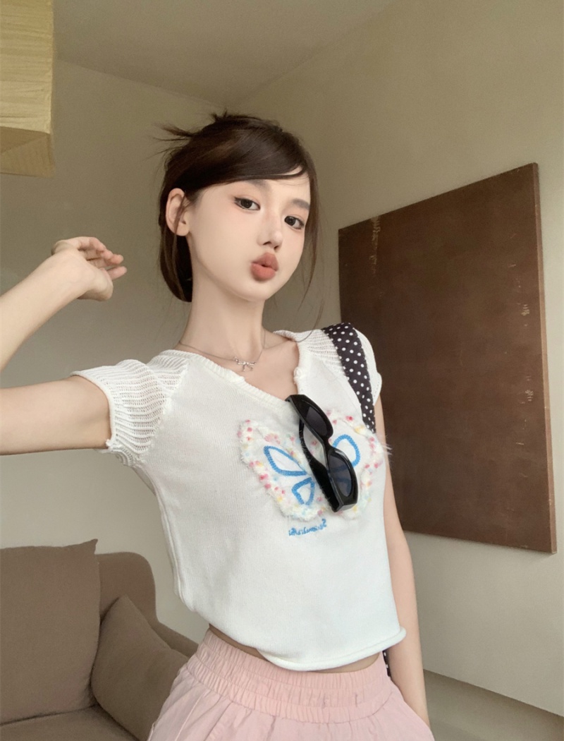 Knitted small fellow sweet slim short T-shirt