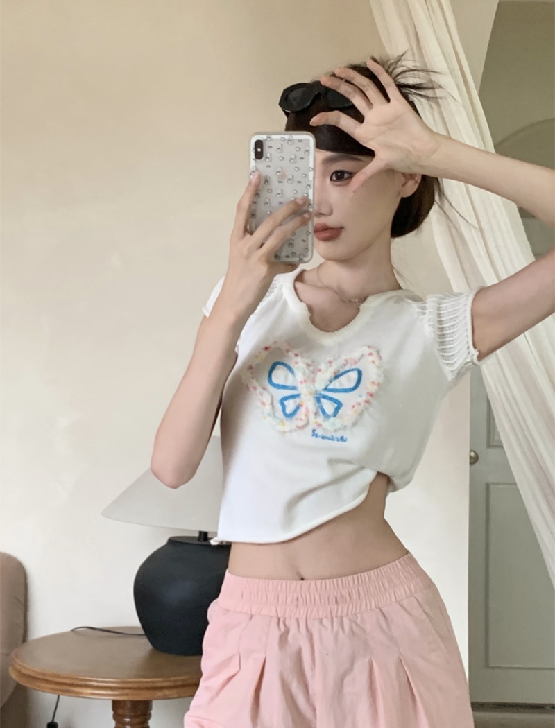 Knitted small fellow sweet slim short T-shirt