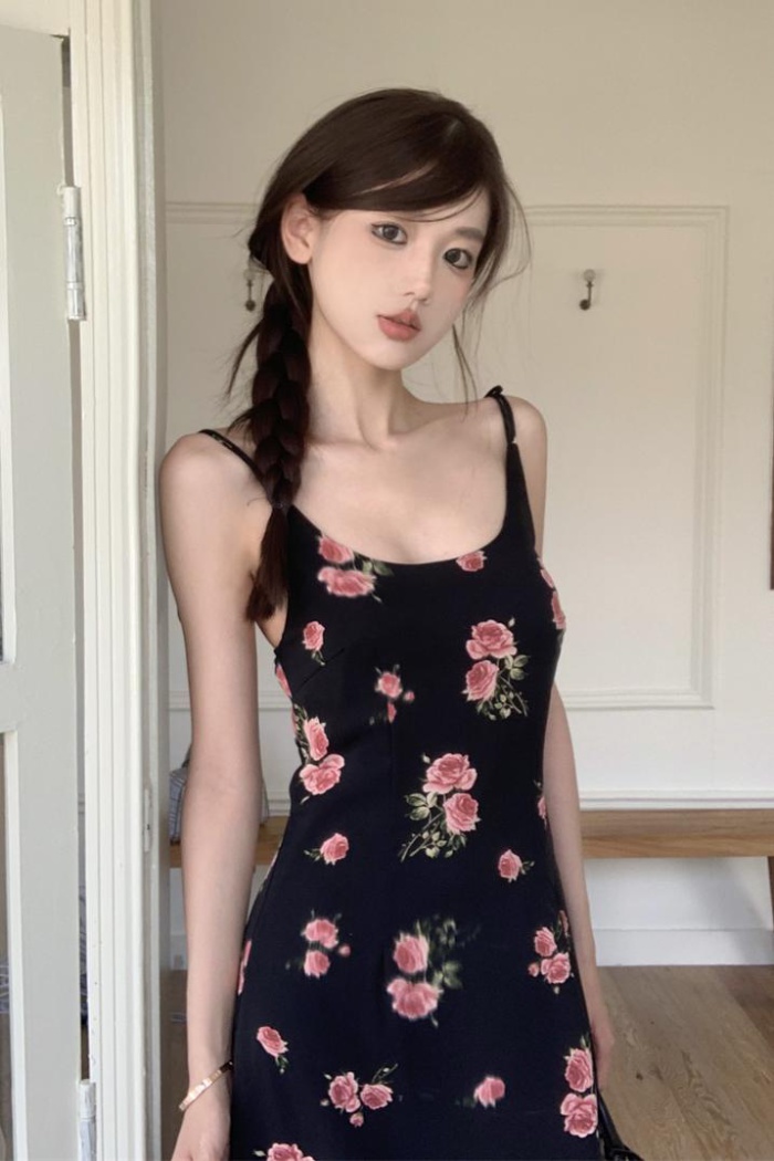 Sling printing France style sexy painted floral dress