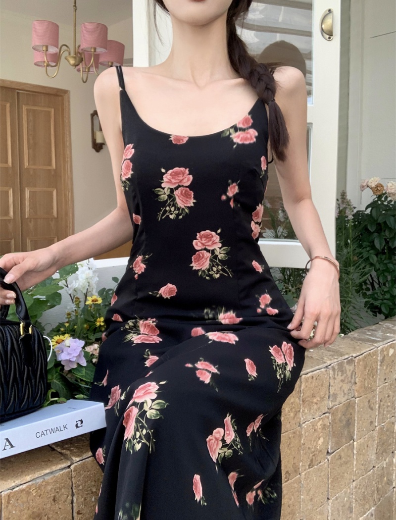 Sling printing France style sexy painted floral dress