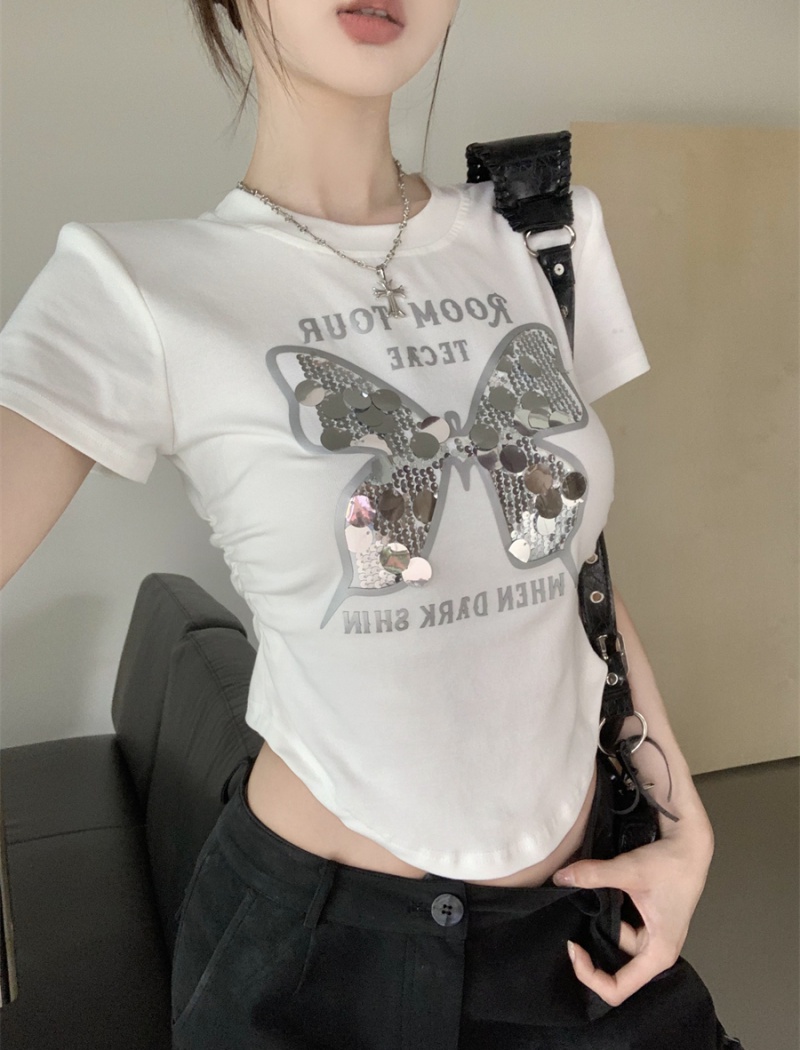 Butterfly niche printing tops letters sequins T-shirt