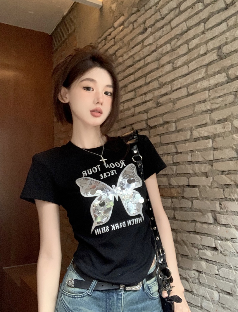 Butterfly niche printing tops letters sequins T-shirt