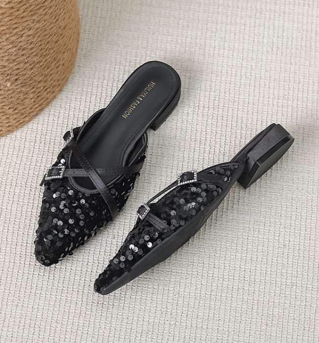 Low pointed France style sandals thick sequins slippers for women