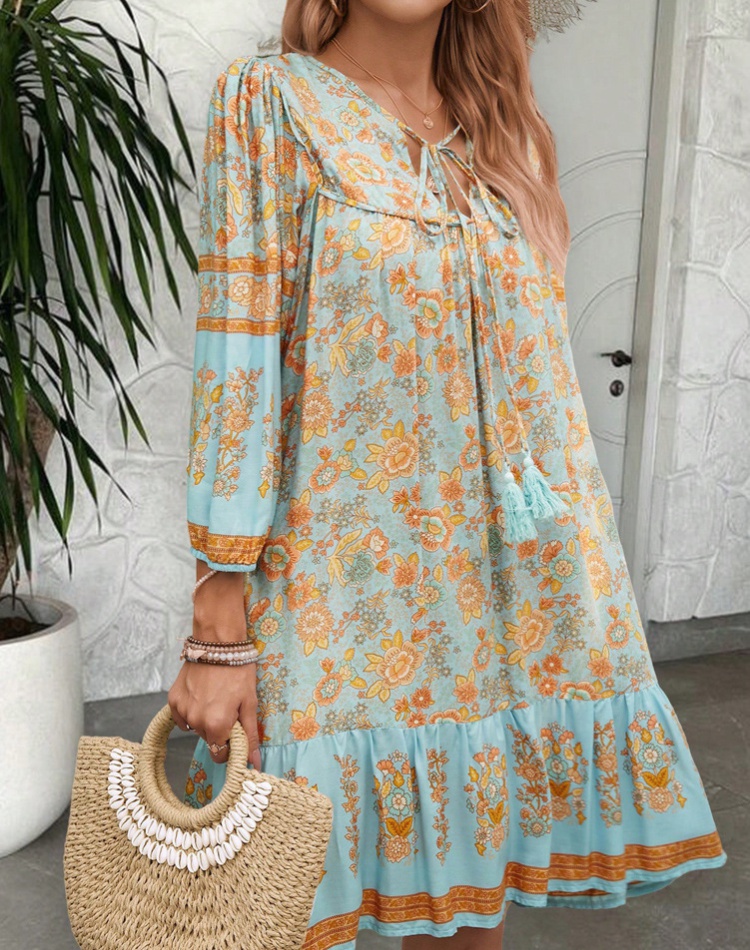 European style printing V-neck dress for women