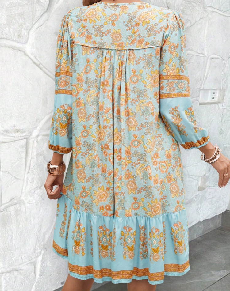 European style printing V-neck dress for women