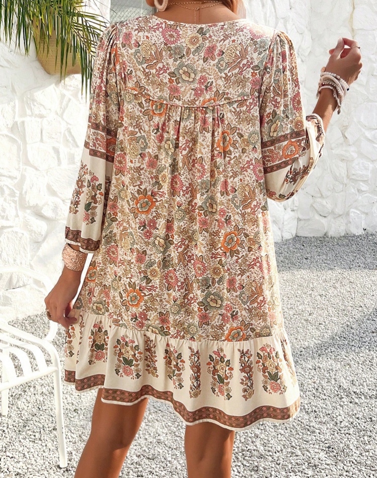 European style printing V-neck dress for women