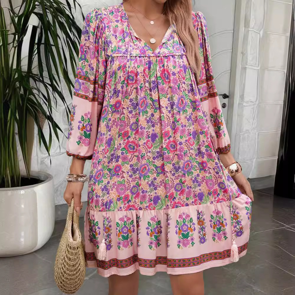 European style printing V-neck dress for women