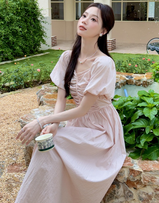 Tender square collar summer high waist pure dress