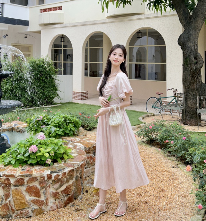 Tender square collar summer high waist pure dress