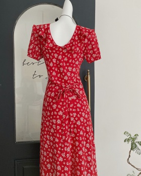 Red summer floral France style pinched waist dress for women