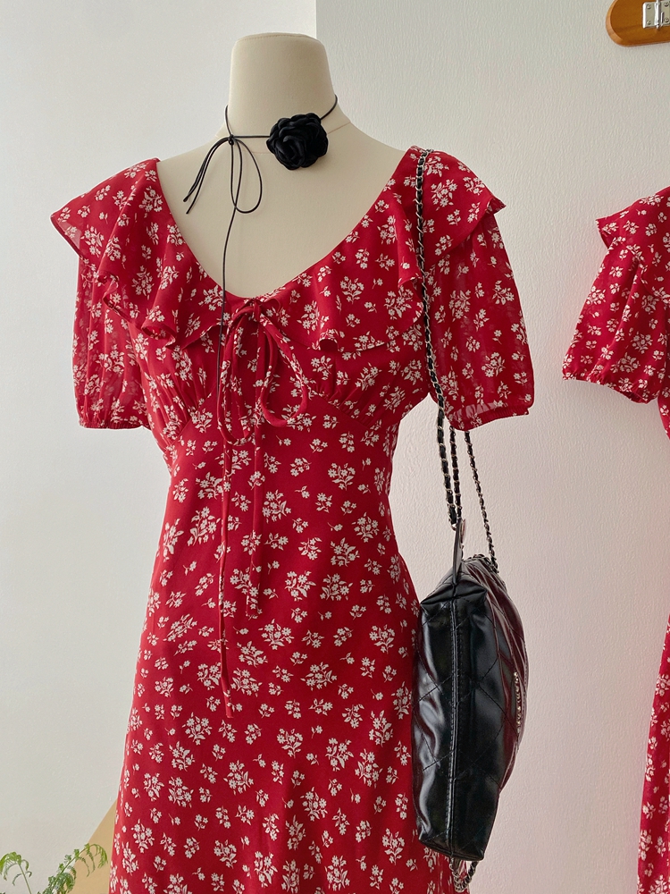 Red summer floral France style pinched waist dress for women