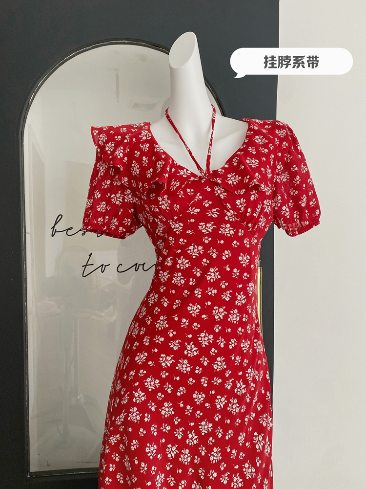 Red summer floral France style pinched waist dress for women