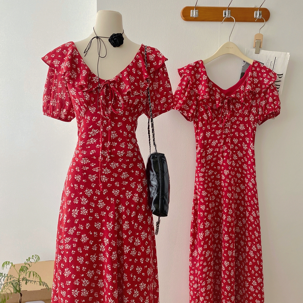 Red summer floral France style pinched waist dress for women