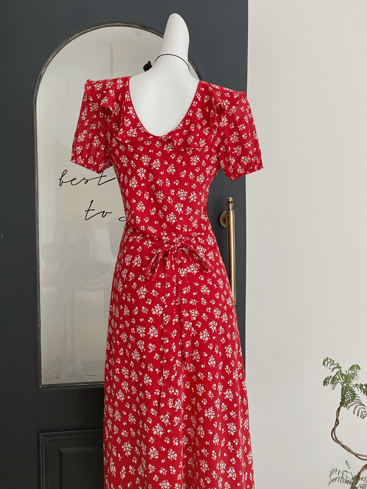 Red summer floral France style pinched waist dress for women