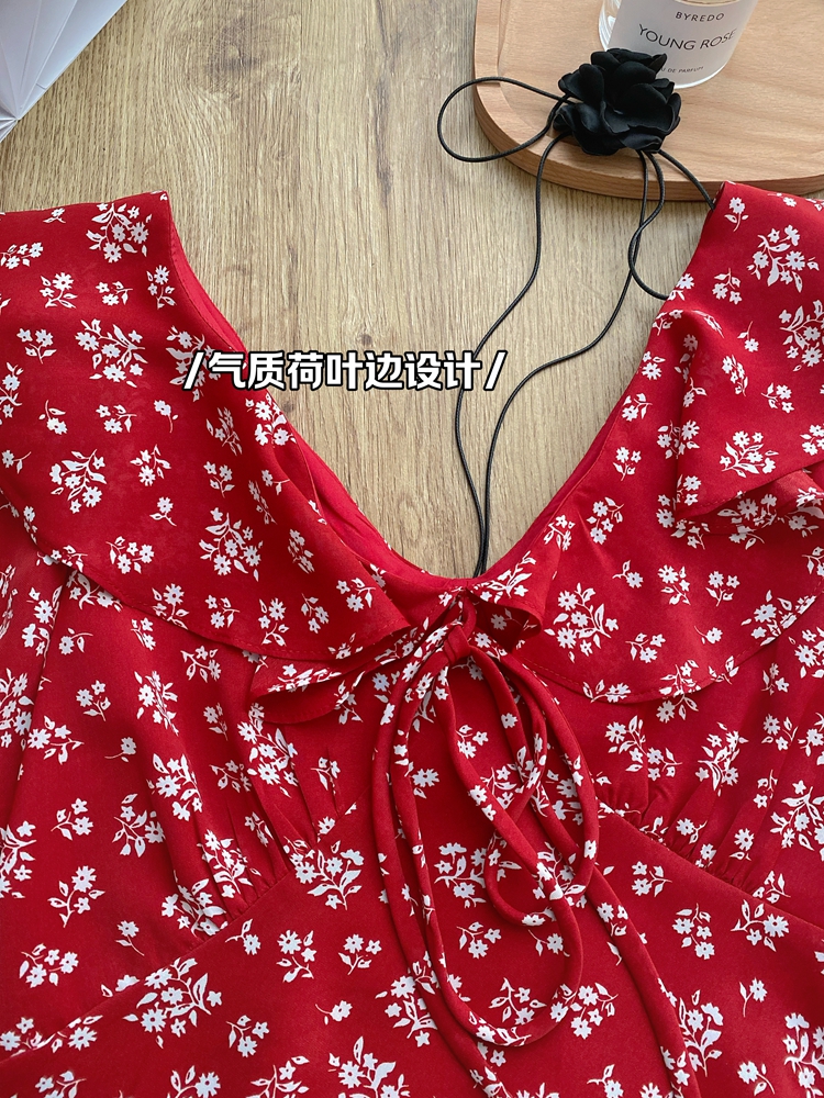 Red summer floral France style pinched waist dress for women