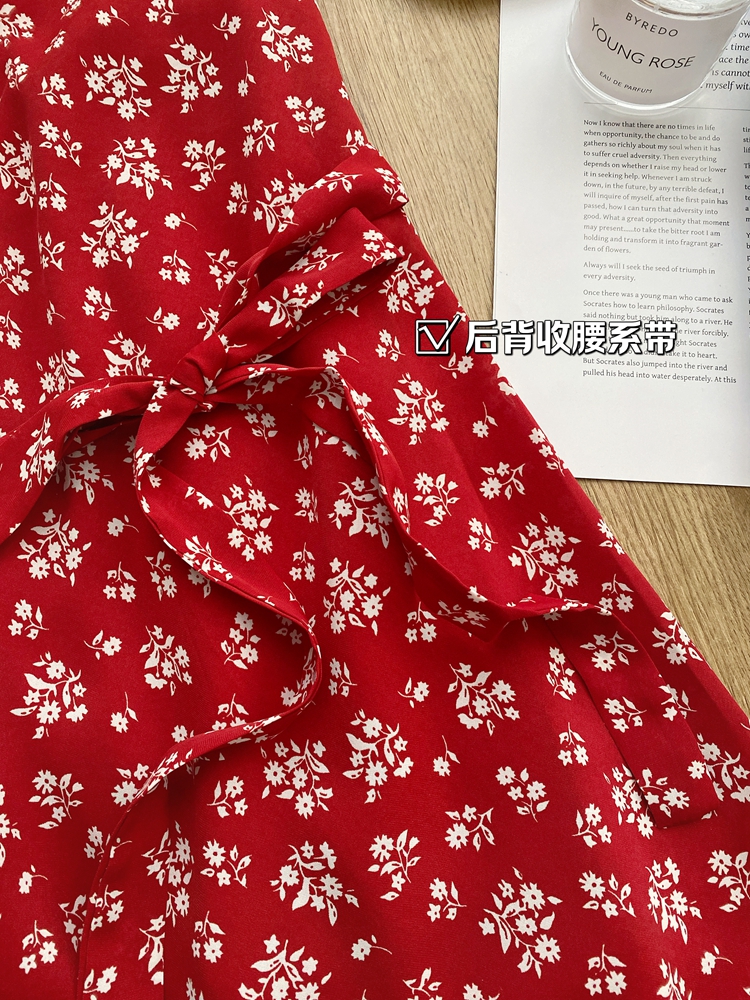 Red summer floral France style pinched waist dress for women