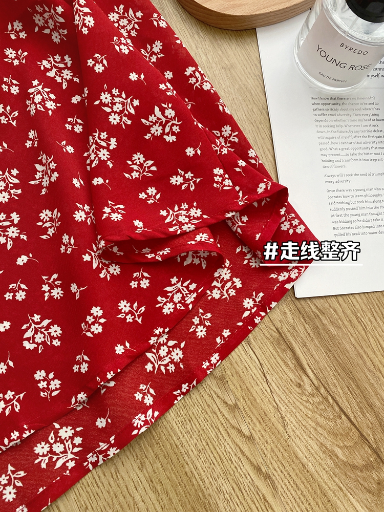 Red summer floral France style pinched waist dress for women