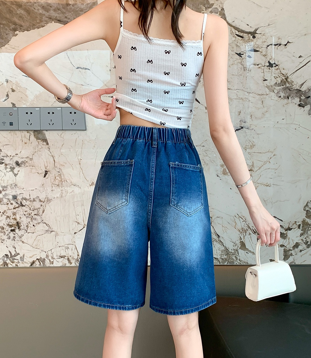 Five tenths fold bow denim beading wide leg pants