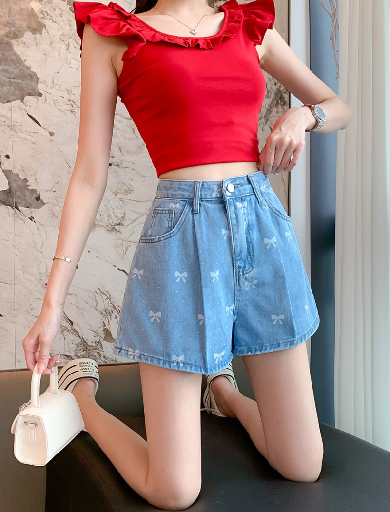 Summer high waist wide leg pants loose short jeans for women