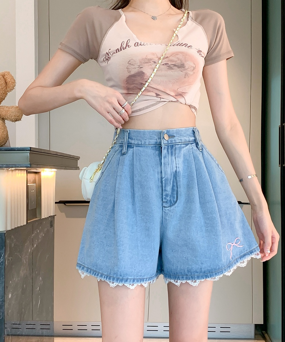A-line embroidery shorts wide leg high waist jeans