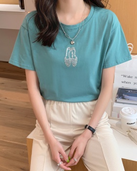 Rhinestone slim tops pure cotton T-shirt for women