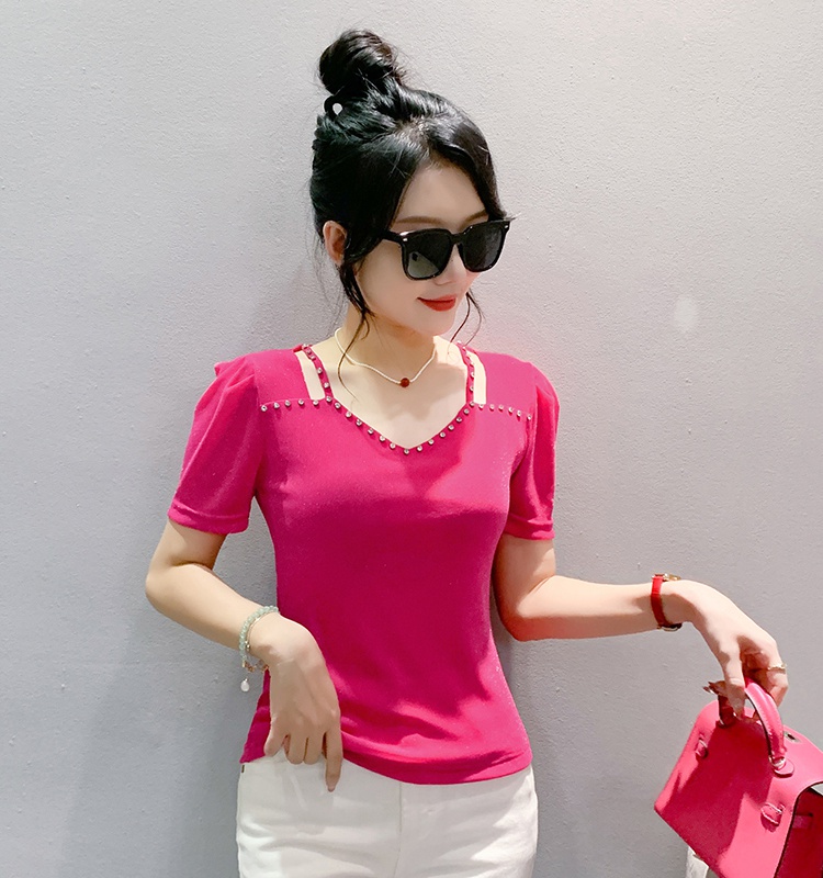 Korean style clavicle tops gauze diamond T-shirt for women